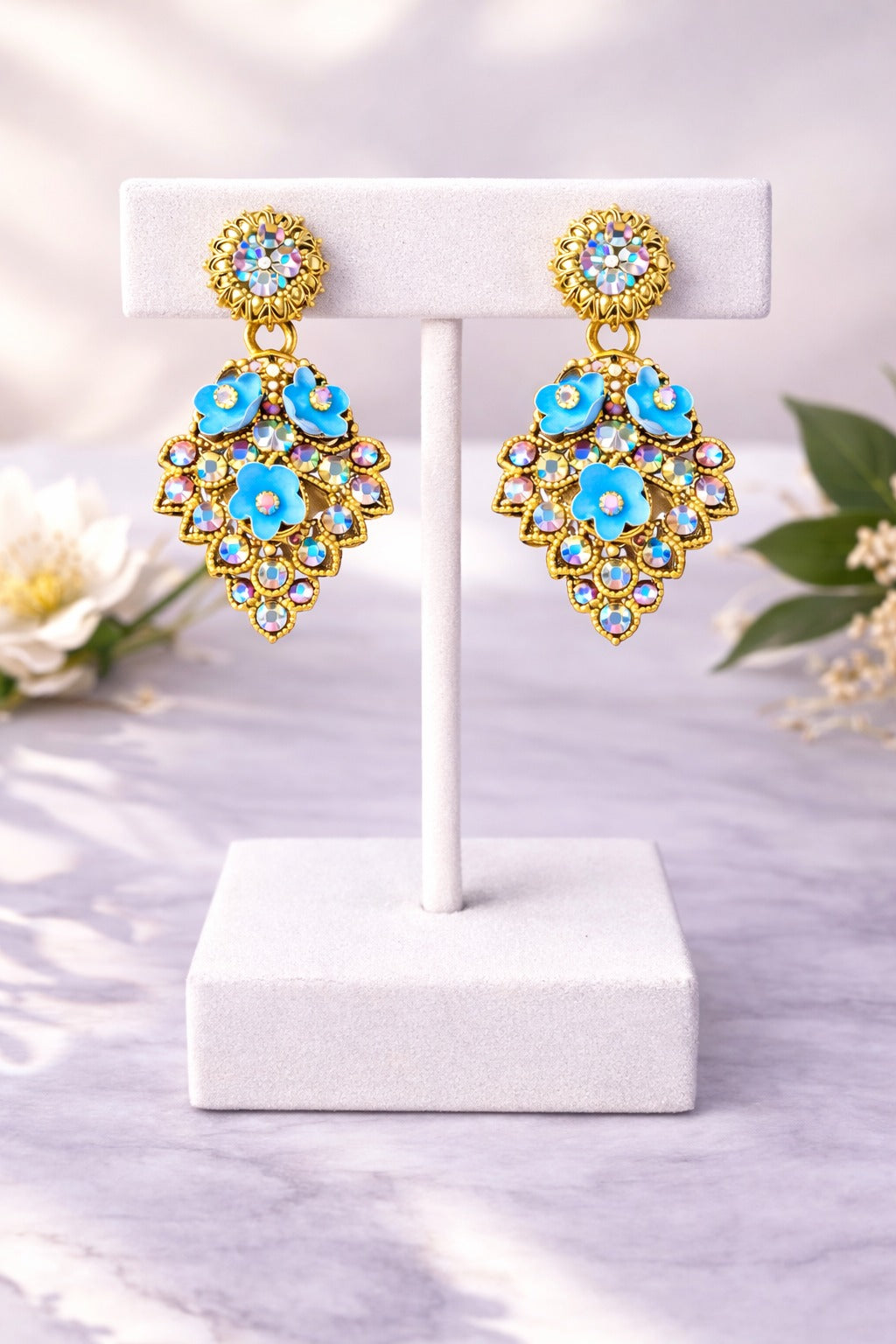 Sky Blue Floral Crystal Statement Drop Earrings in Gold Tone