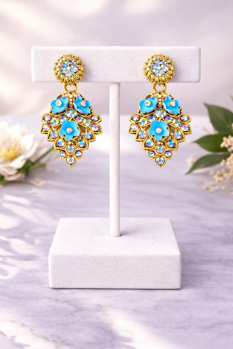 Sky Blue Floral Crystal Statement Drop Earrings in Gold Tone