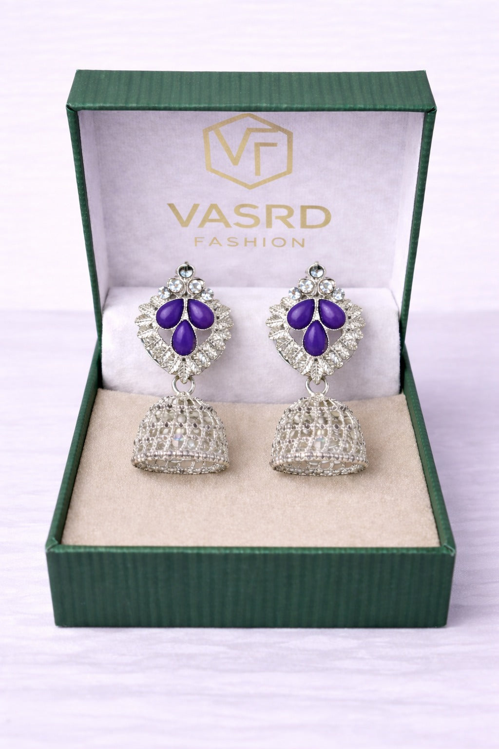 Silver Filigree Jhumka Earrings with Purple Stone Accent