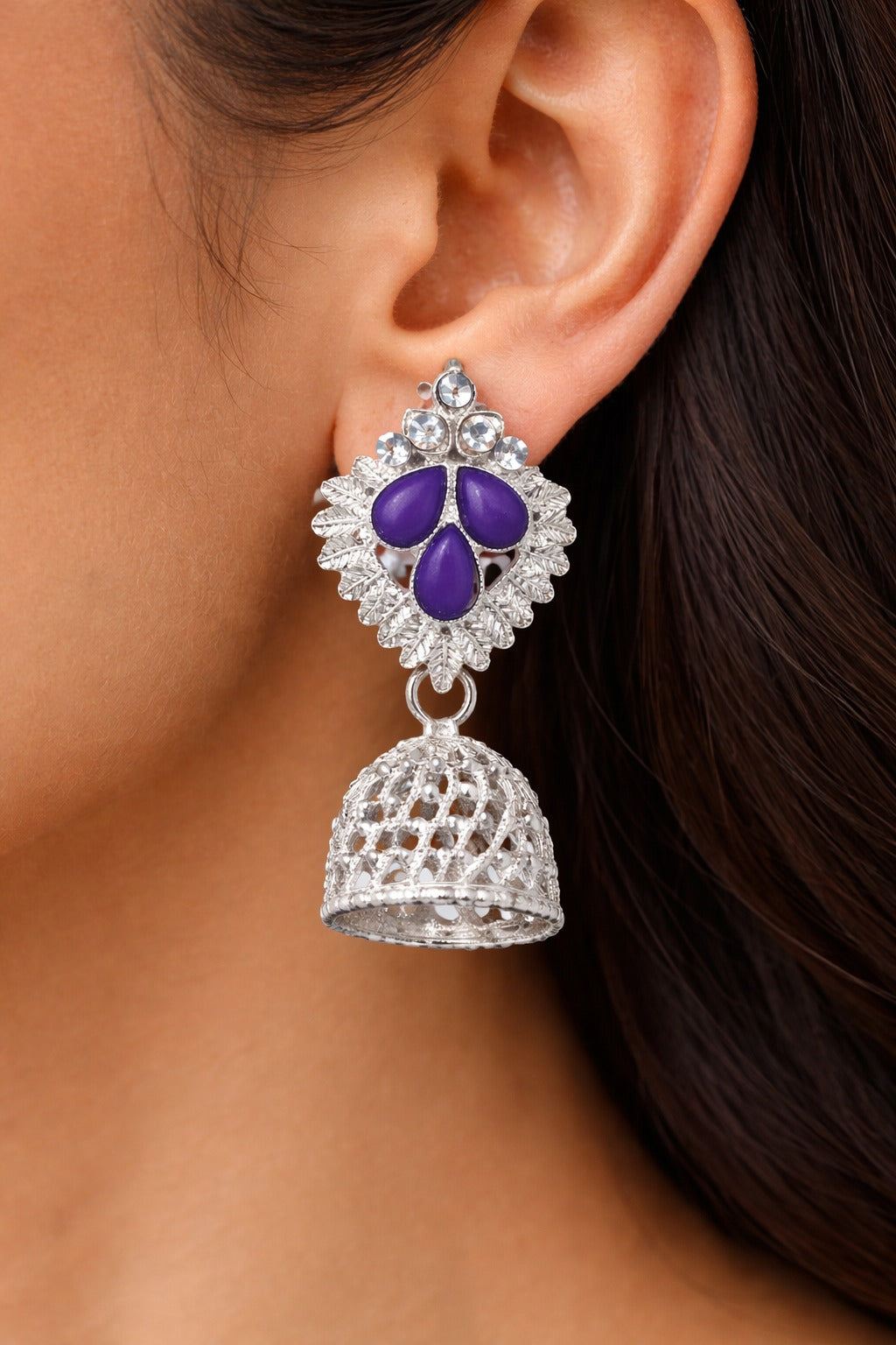 Silver Filigree Jhumka Earrings with Purple Stone Accent