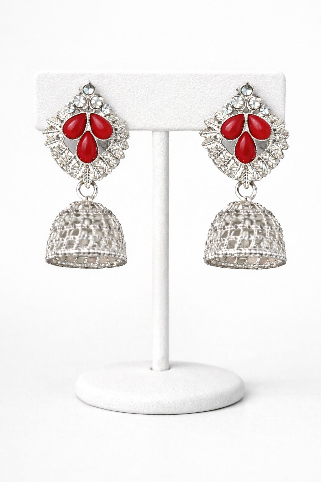 Silver Filigree Jhumka Earrings with Red Stone Accent