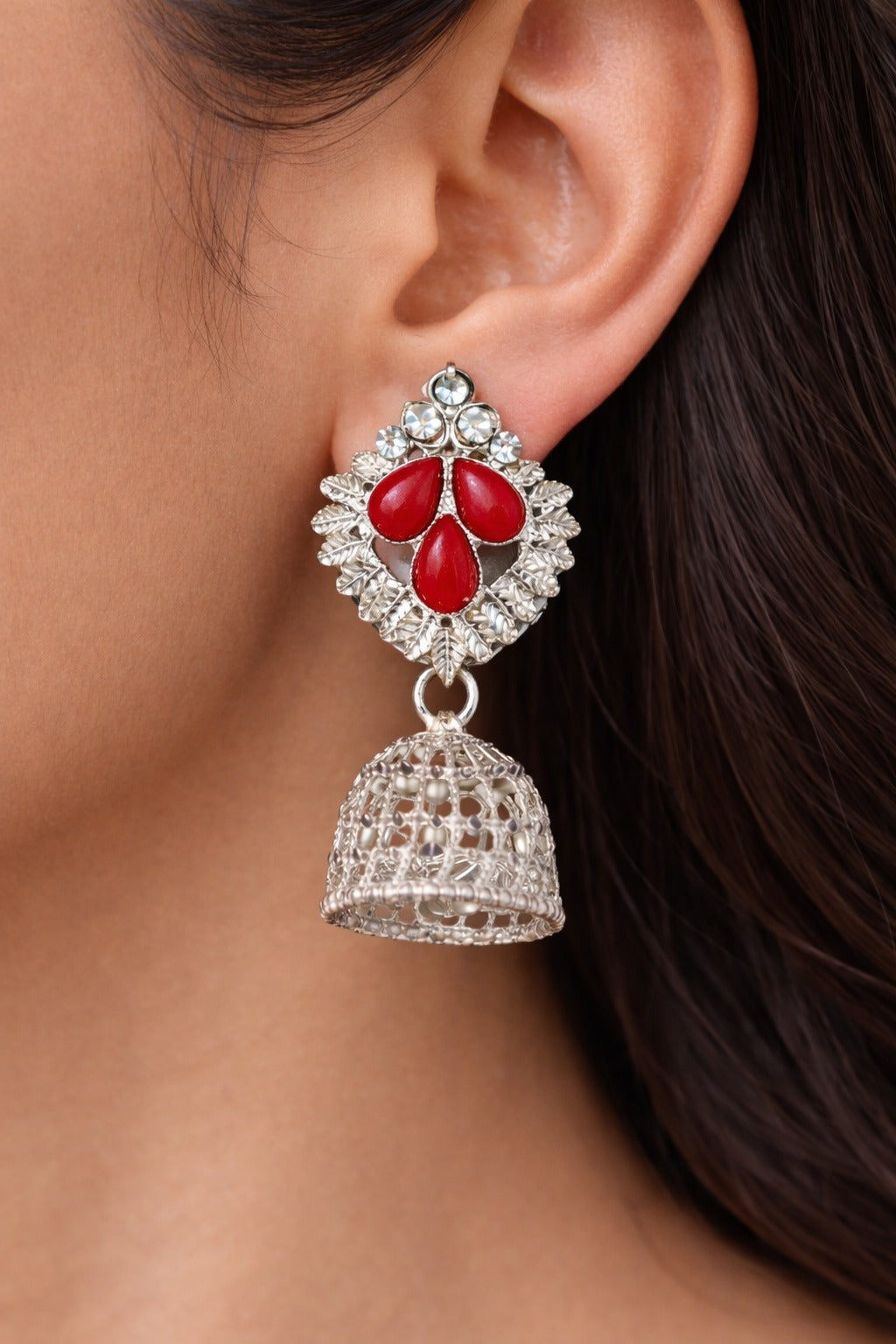Silver Filigree Jhumka Earrings with Red Stone Accent
