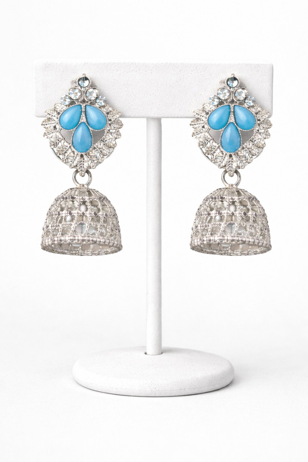 Elegant Sky Blue Stone Silver Dome Jhumka Earrings