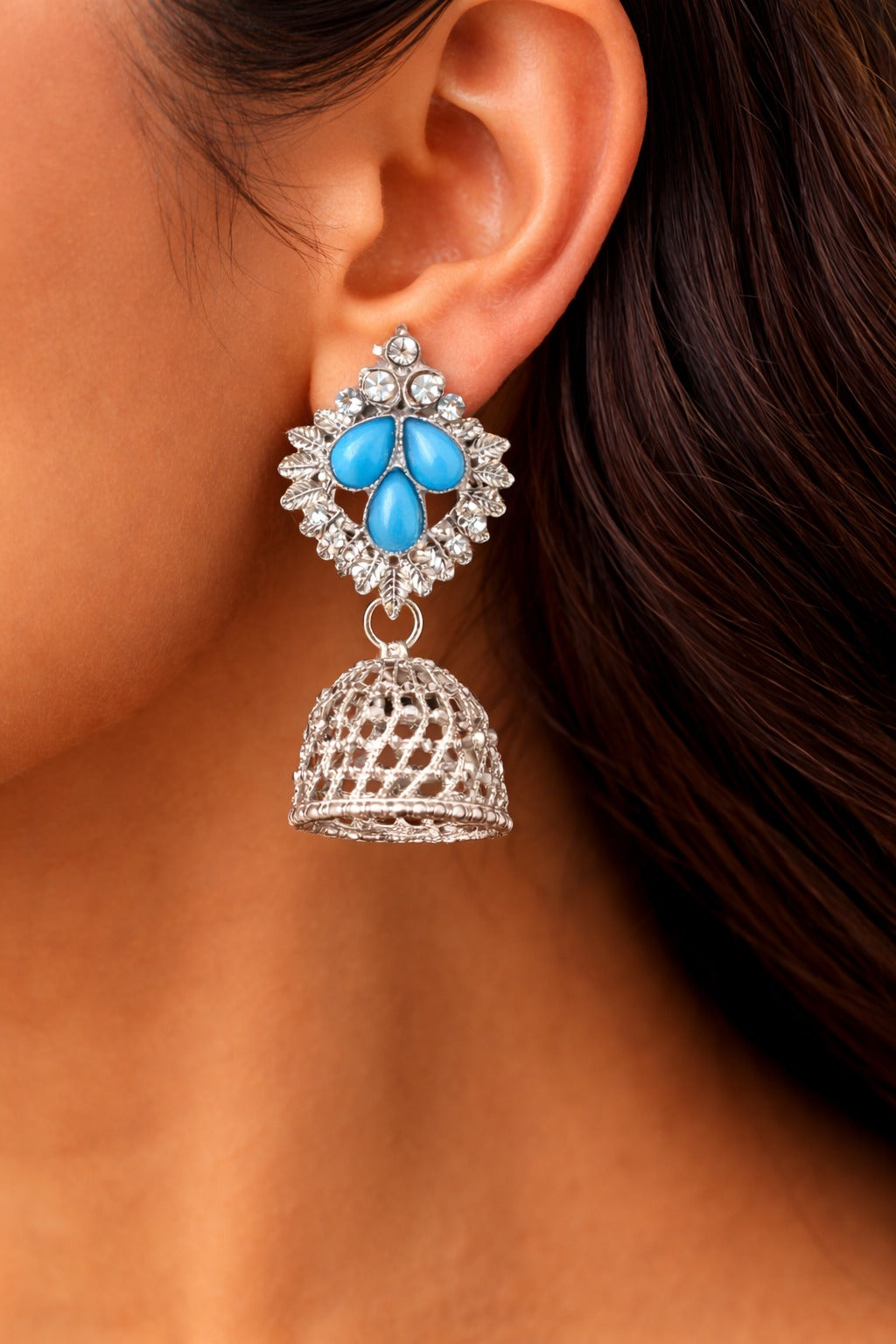 Elegant Sky Blue Stone Silver Dome Jhumka Earrings