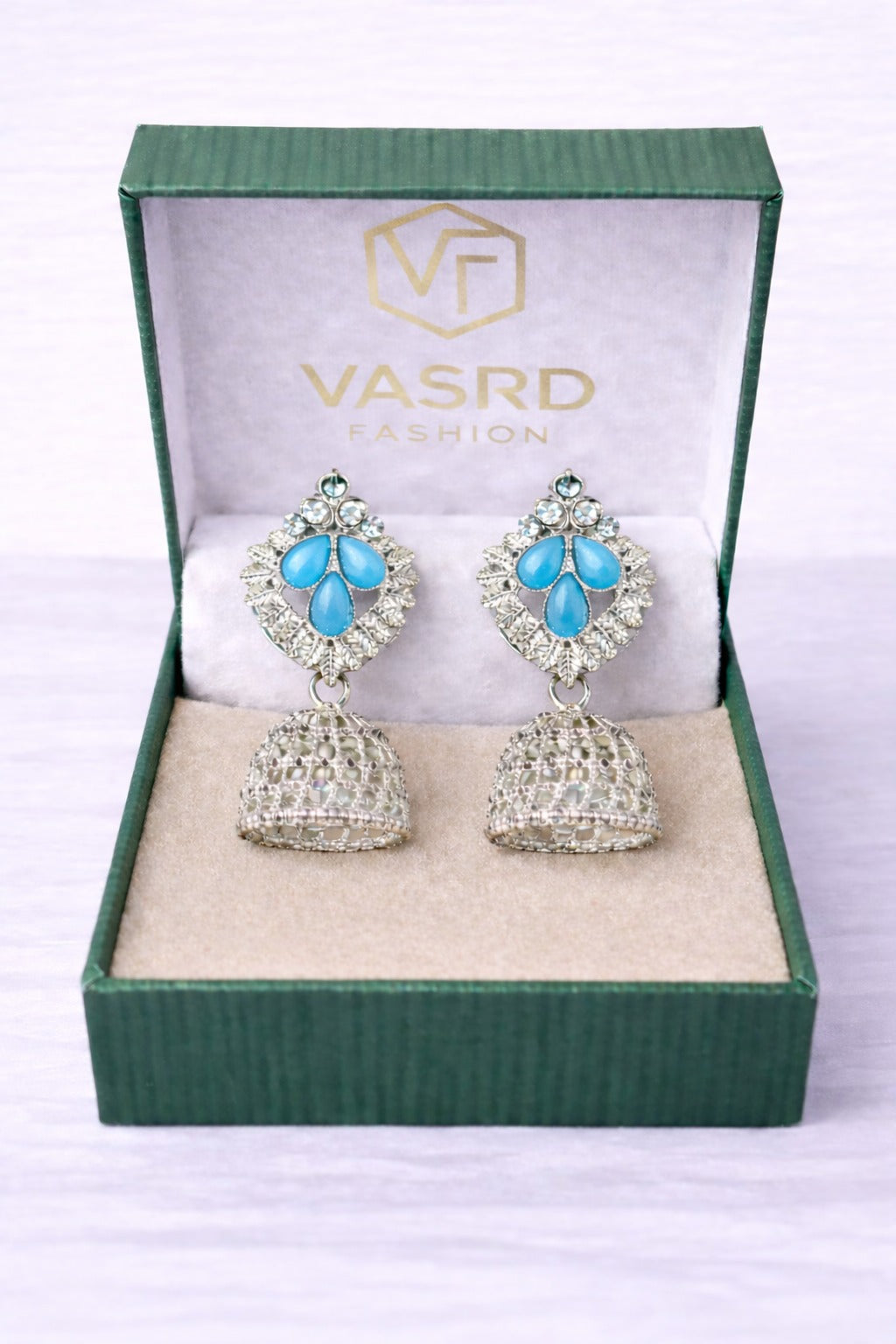 Elegant Sky Blue Stone Silver Dome Jhumka Earrings