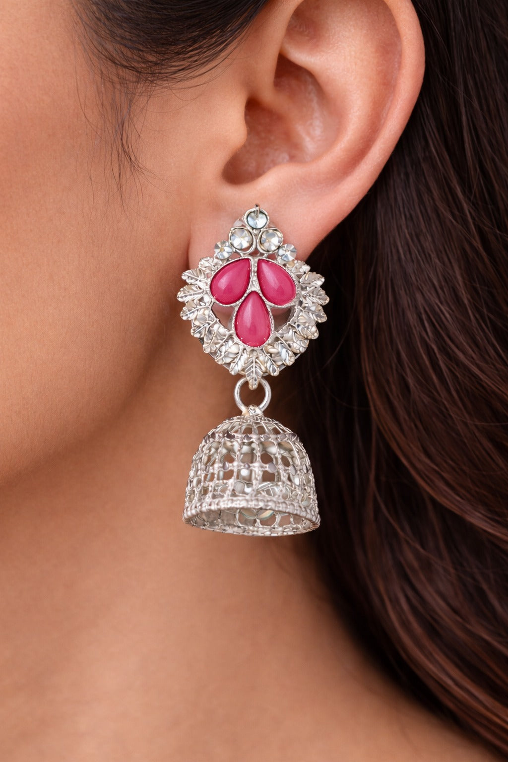 Elegant Pink Stone Silver Jhumka Earrings