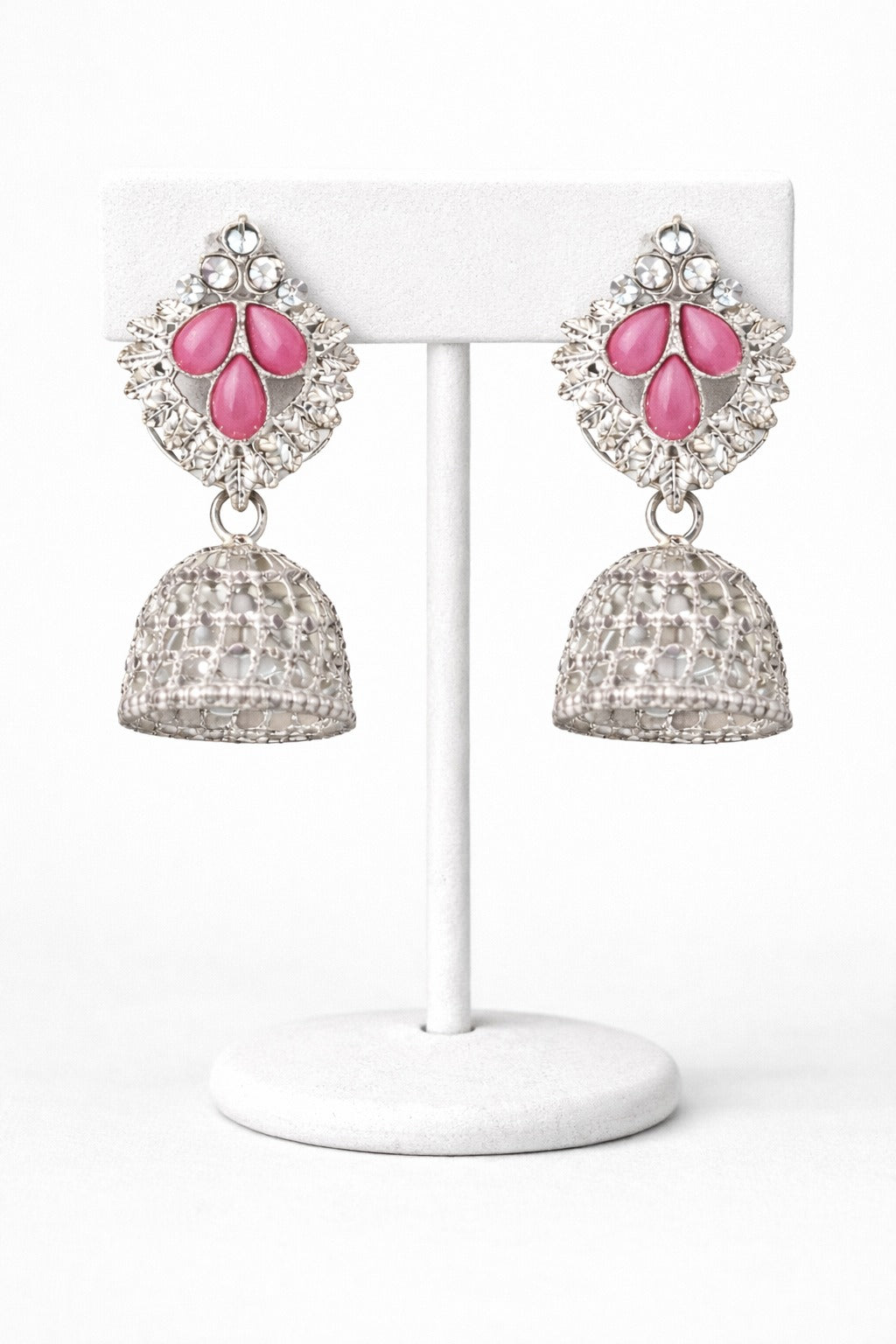 Elegant Pink Stone Silver Jhumka Earrings