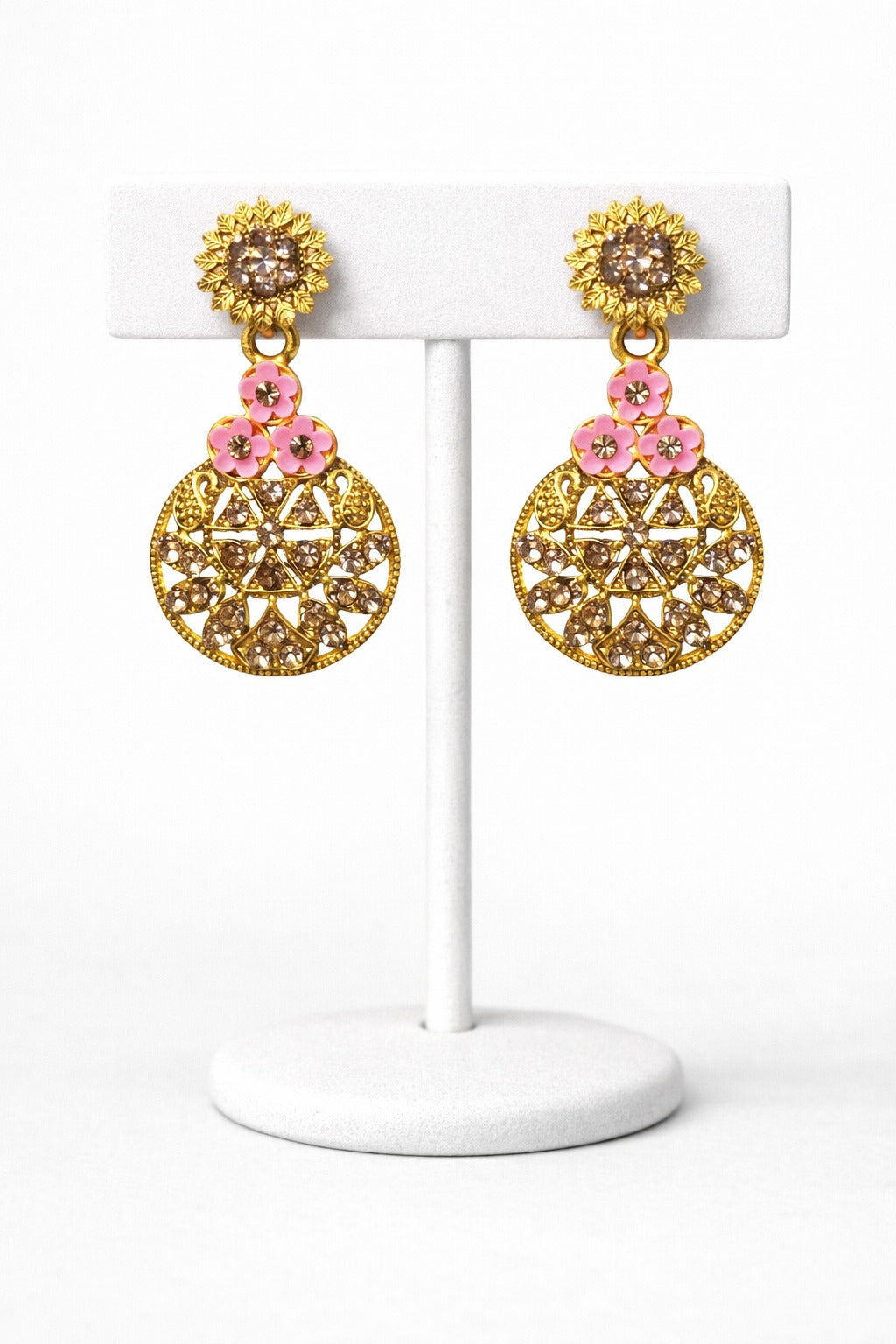 Gold Plated Floral Crystal Drop Earrings with Pink Enamel