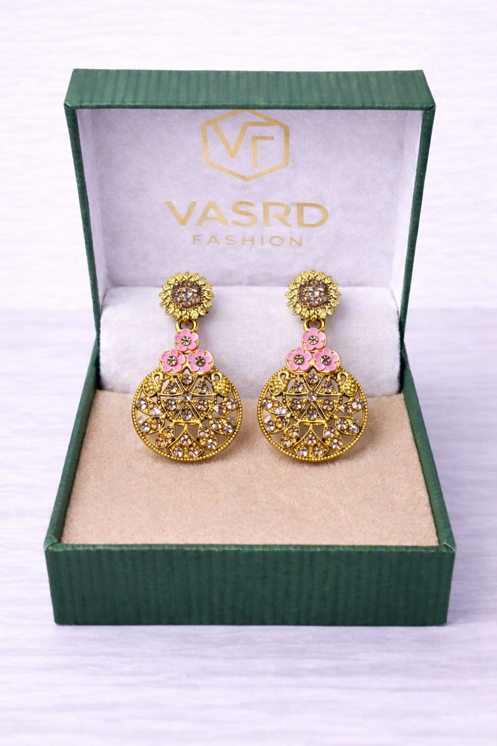 Gold Plated Floral Crystal Drop Earrings with Pink Enamel