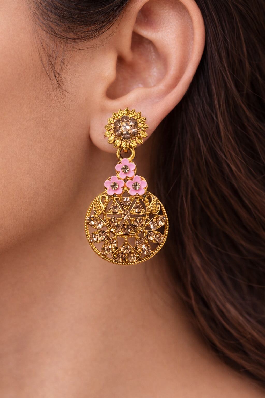 Gold Plated Floral Crystal Drop Earrings with Pink Enamel