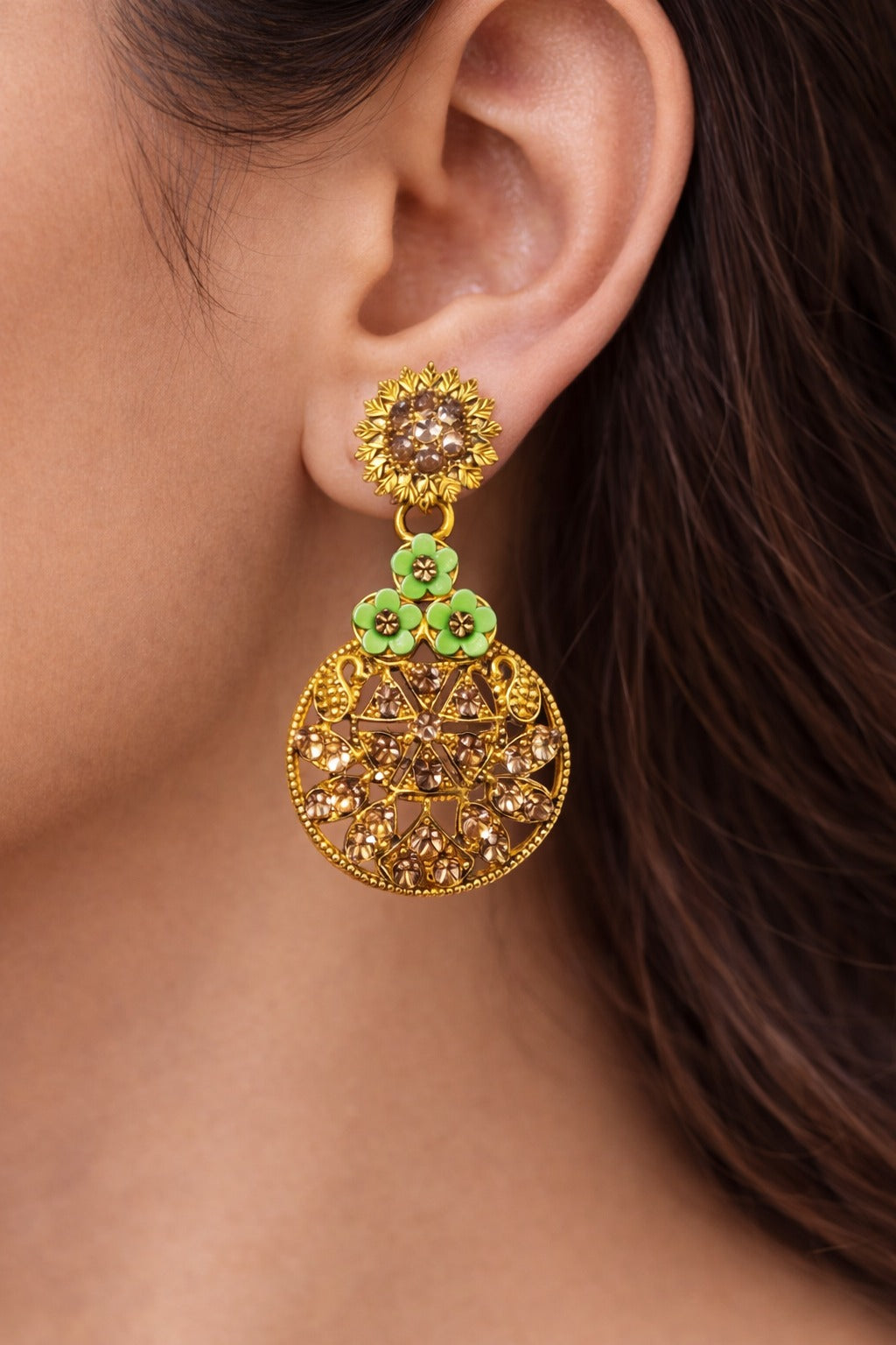 Gold Plated Crystal Floral Drop Earrings with Green Enamel