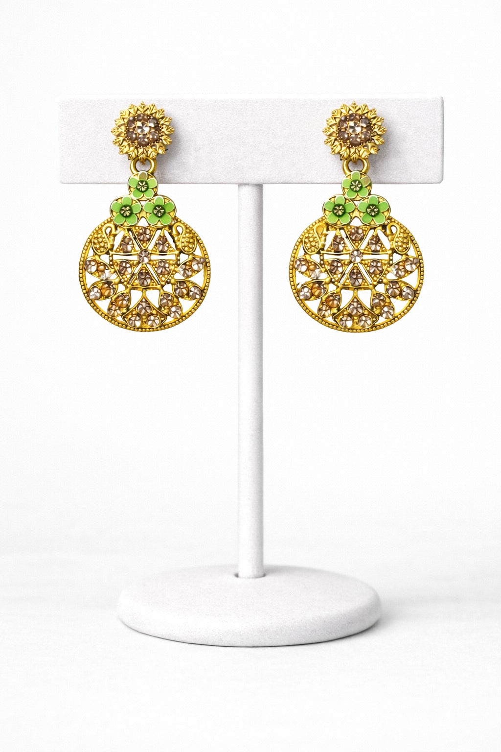 Gold Plated Crystal Floral Drop Earrings with Green Enamel