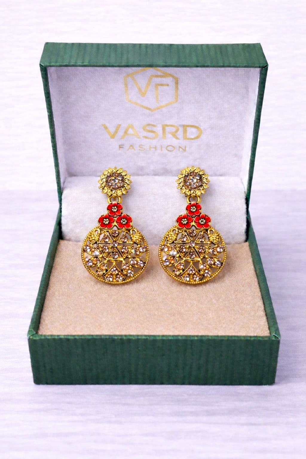 Golden Floral Red Enamel Crystal Statement Drop Earrings for Women