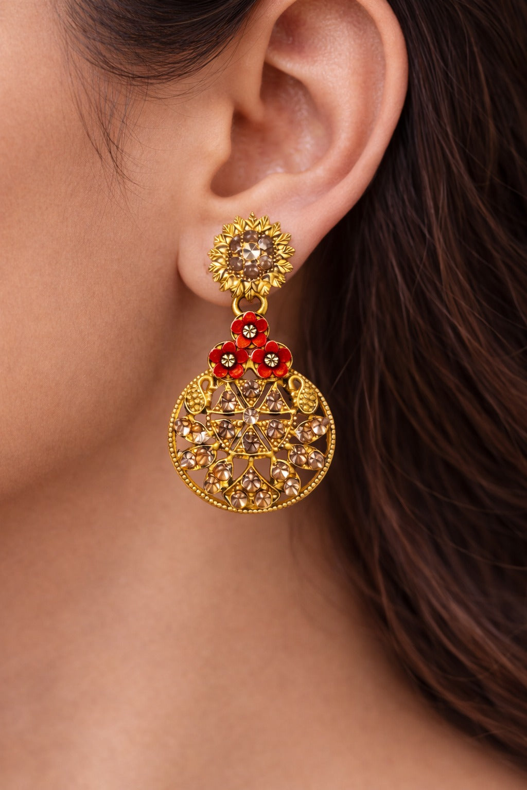 Golden Floral Red Enamel Crystal Statement Drop Earrings for Women