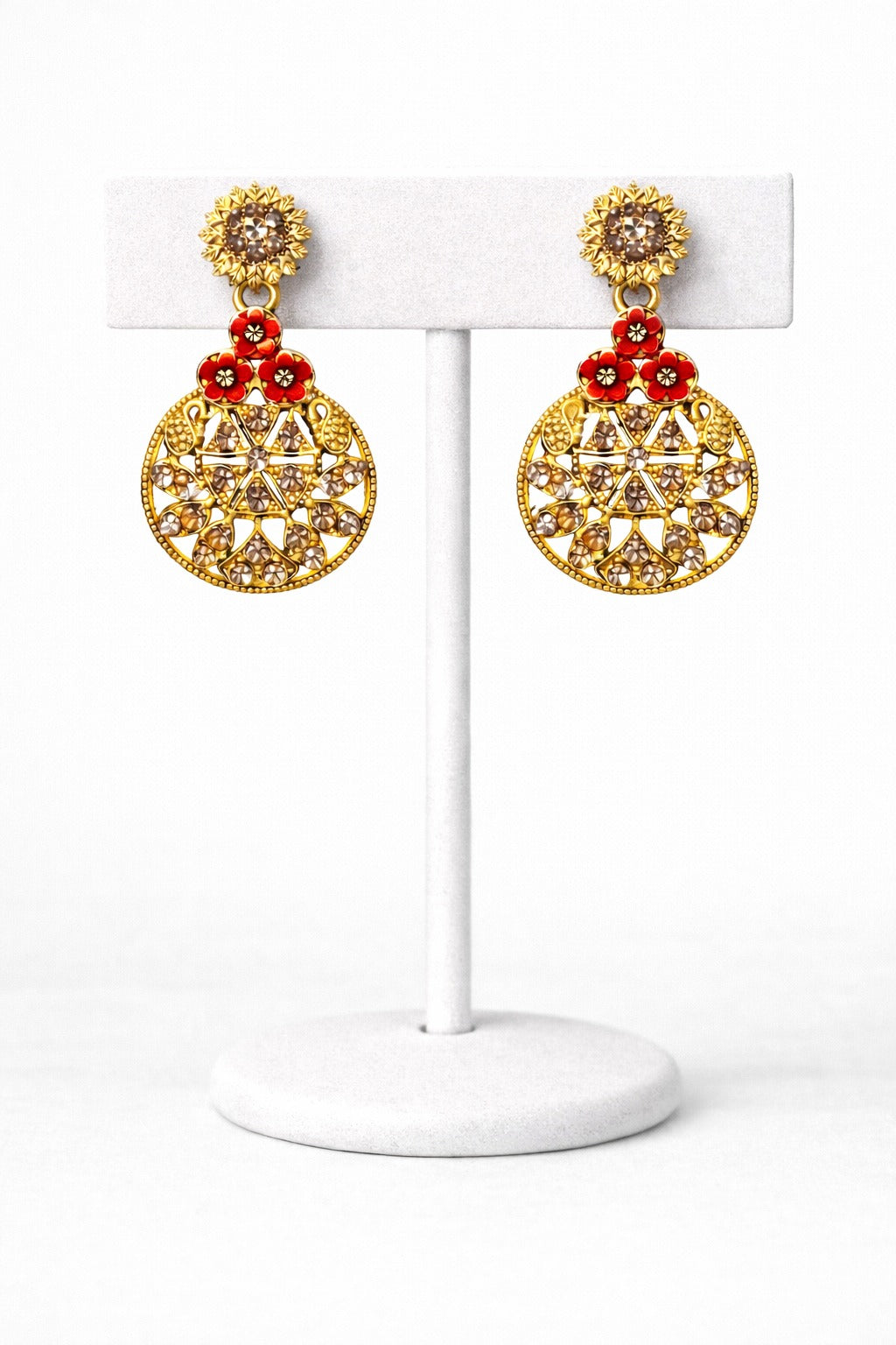 Golden Floral Red Enamel Crystal Statement Drop Earrings for Women