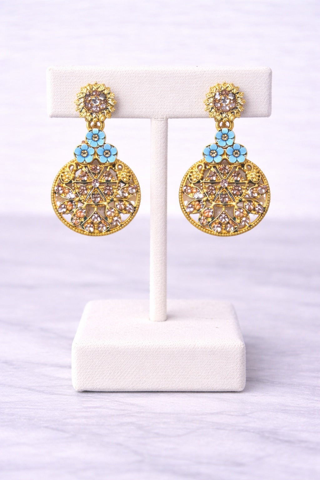Royal Blue Floral Gold-Tone Crystal Statement Drop Earrings