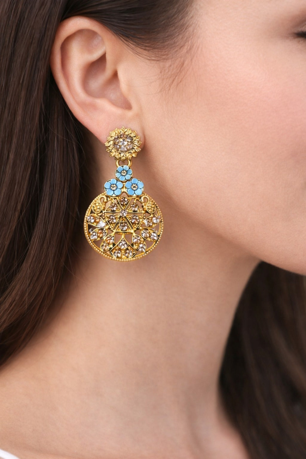 Royal Blue Floral Gold-Tone Crystal Statement Drop Earrings