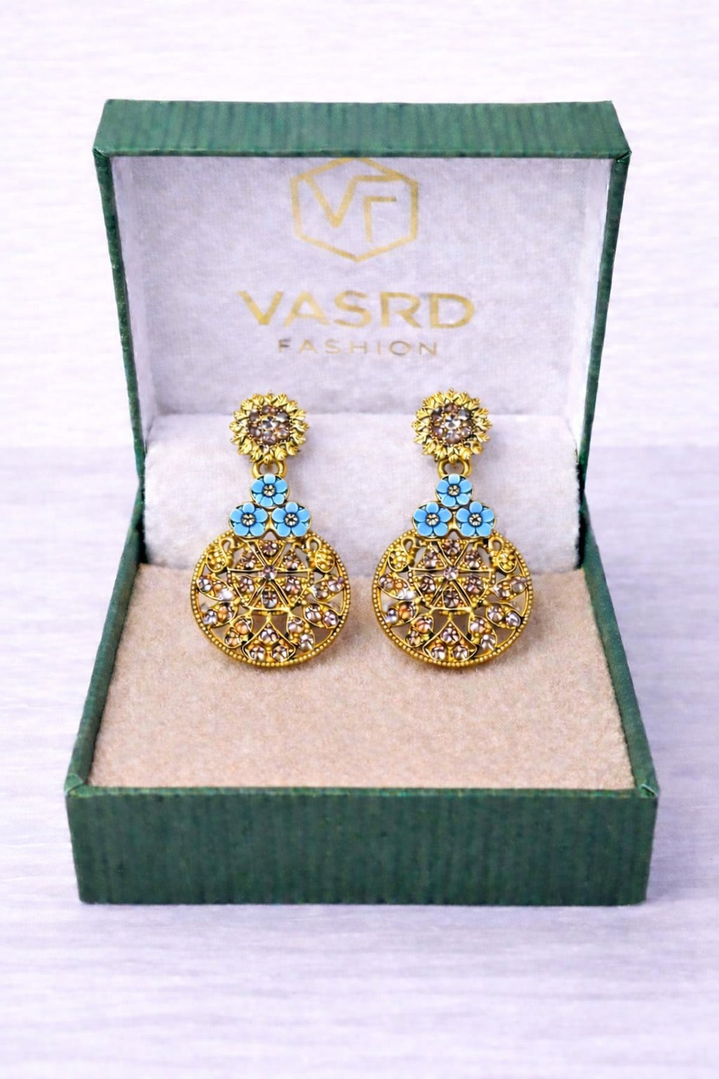 Royal Blue Floral Gold-Tone Crystal Statement Drop Earrings