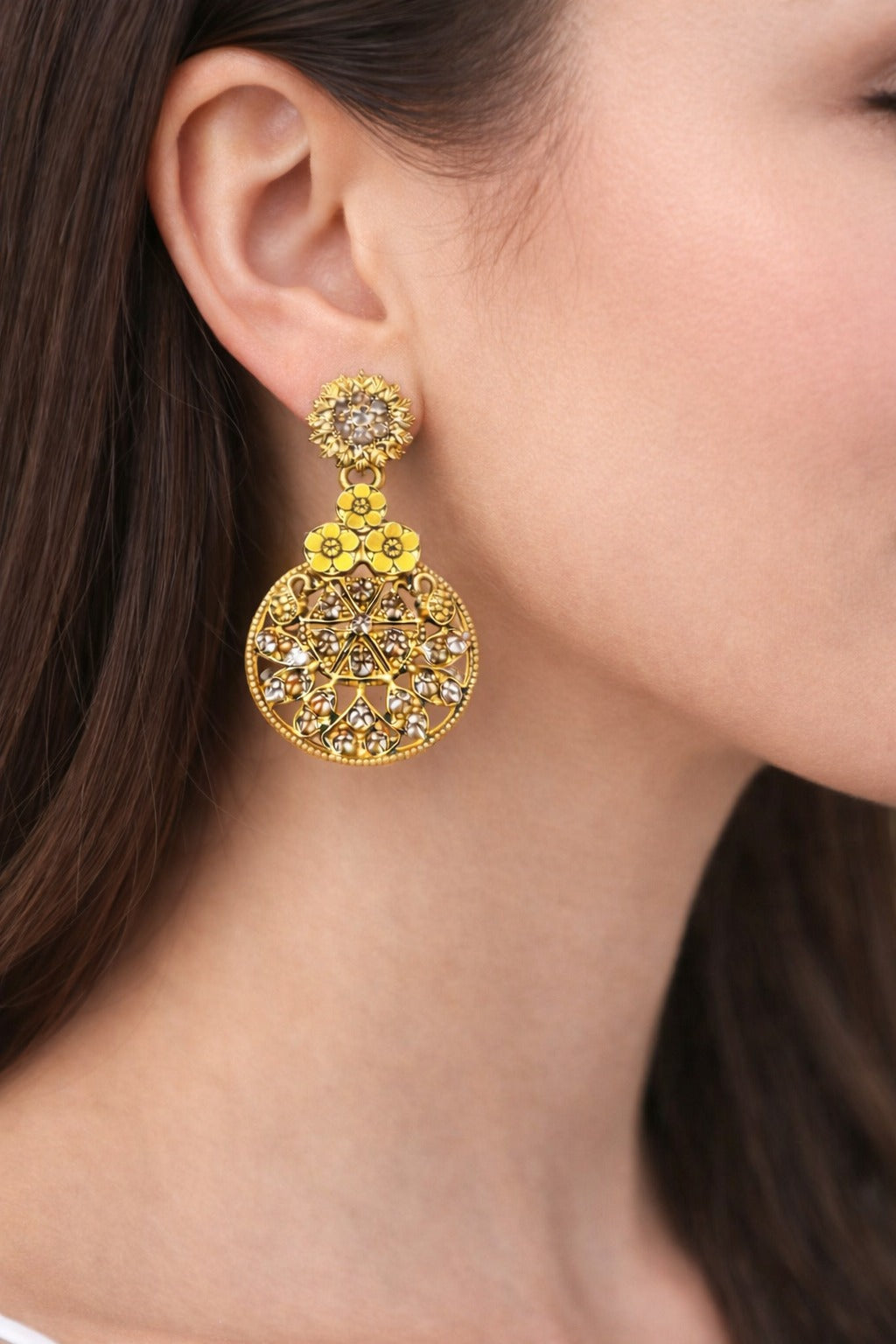 Sunflower Yellow Floral Gold-Tone Crystal Statement Drop Earrings for Women