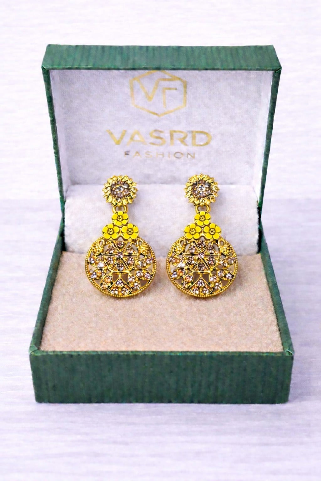 Sunflower Yellow Floral Gold-Tone Crystal Statement Drop Earrings for Women