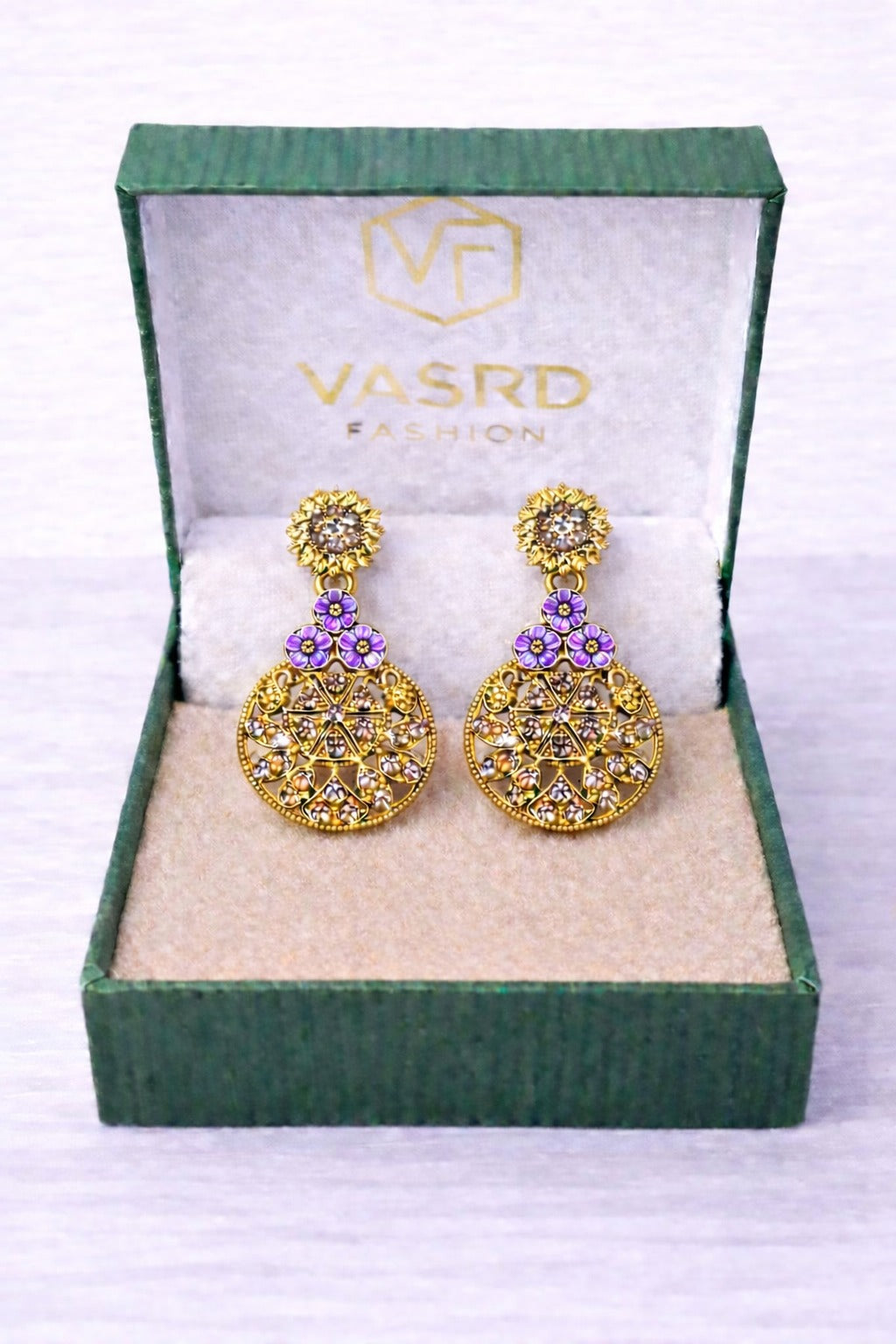 Royal Purple Floral Gold-Tone Crystal Statement Drop Earrings for Women