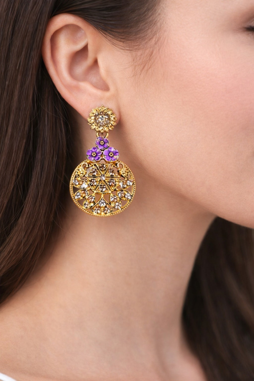 Royal Purple Floral Gold-Tone Crystal Statement Drop Earrings for Women