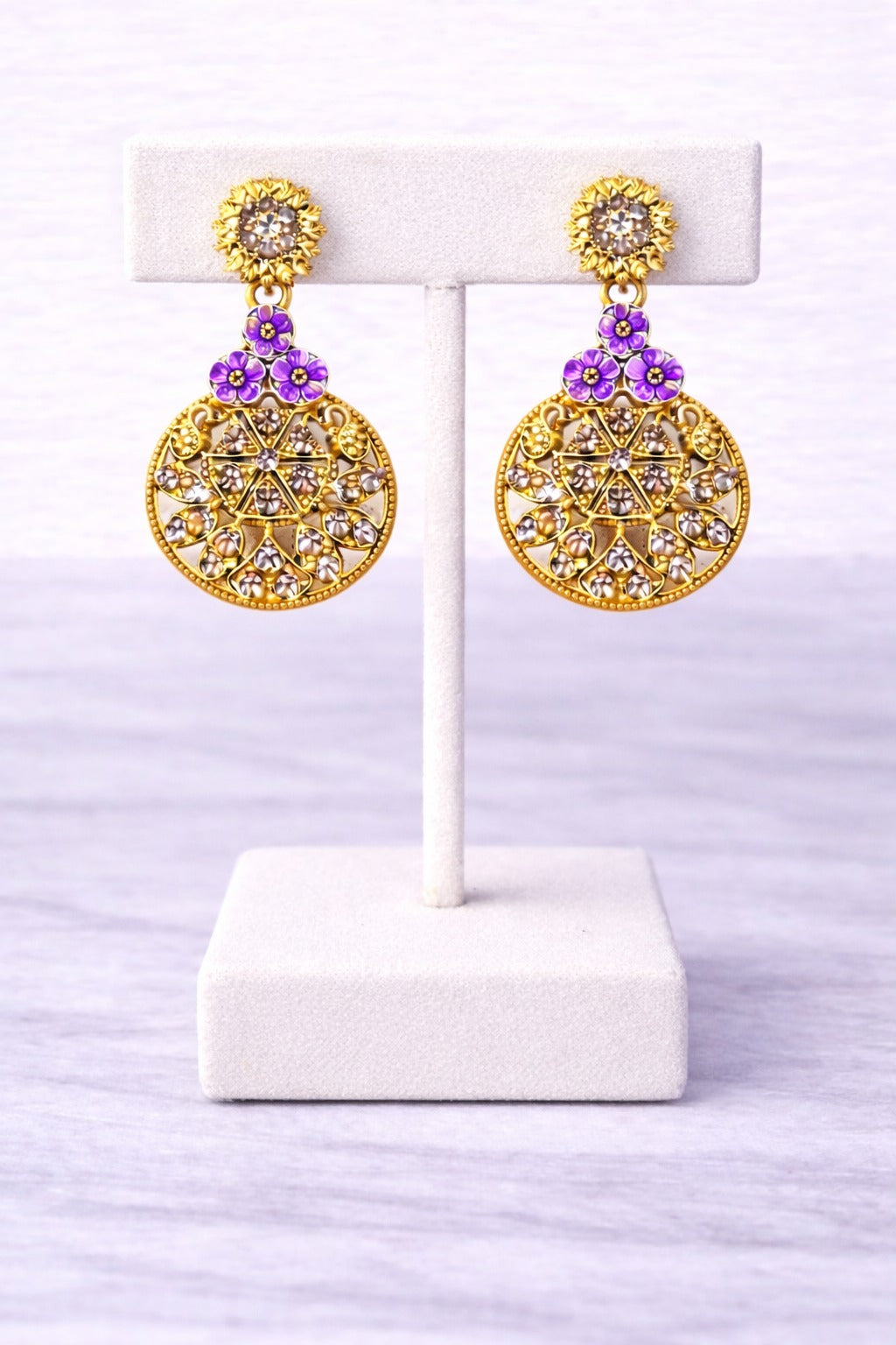 Royal Purple Floral Gold-Tone Crystal Statement Drop Earrings for Women