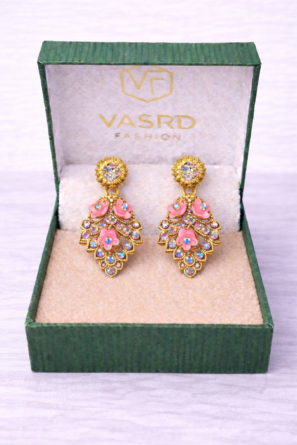 Pink Floral Crystal Gold-Tone Statement Drop Earrings for Women