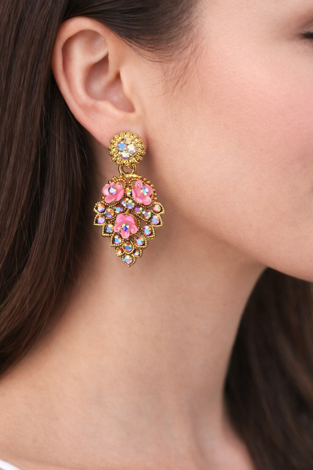 Pink Floral Crystal Gold-Tone Statement Drop Earrings for Women