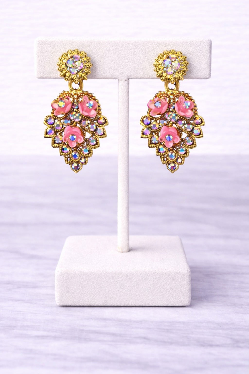 Pink Floral Crystal Gold-Tone Statement Drop Earrings for Women