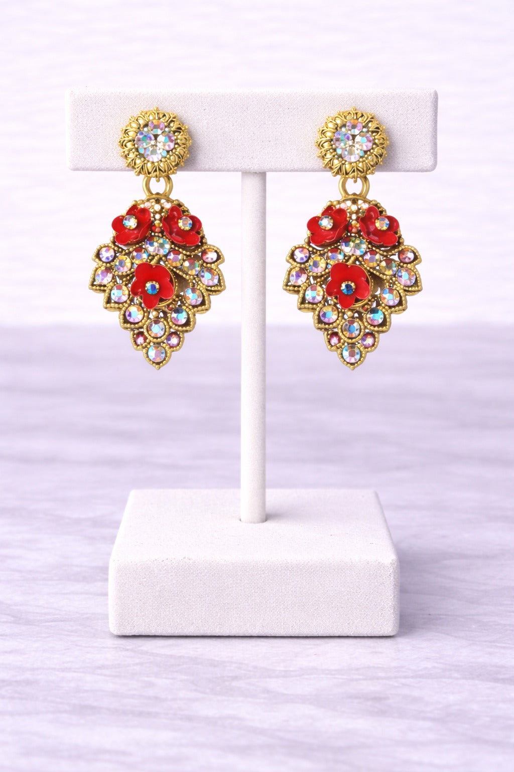 Red Floral Crystal Gold-Tone Statement Drop Earrings