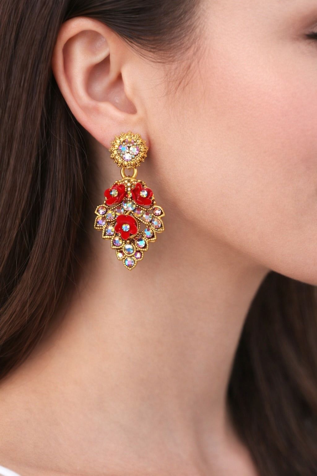 Red Floral Crystal Gold-Tone Statement Drop Earrings