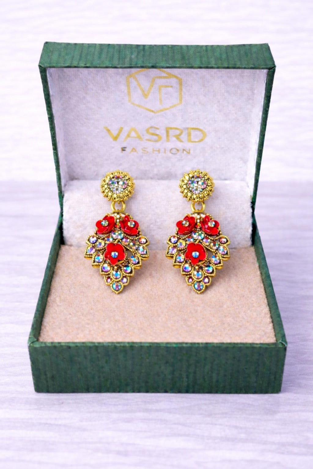 Red Floral Crystal Gold-Tone Statement Drop Earrings