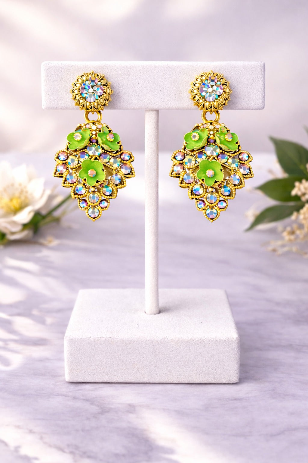 Emerald Bloom Crystal Floral Statement Earrings