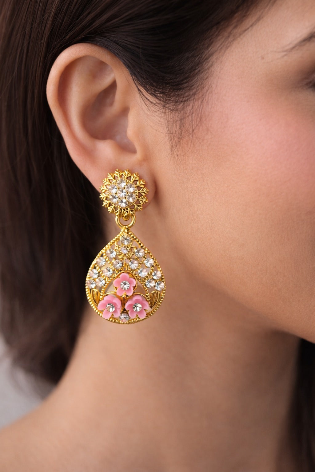 Blush Pink Floral Crystal Teardrop Statement Earrings