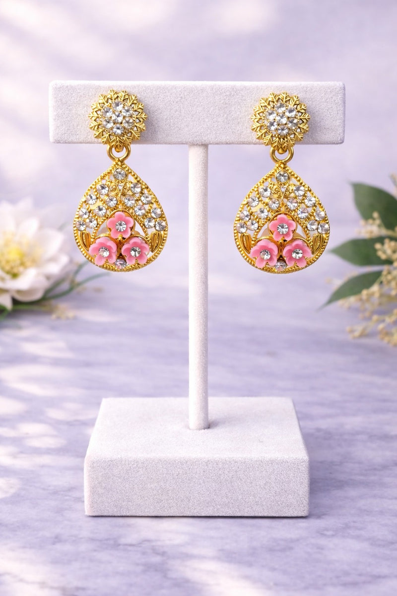 Blush Pink Floral Crystal Teardrop Statement Earrings