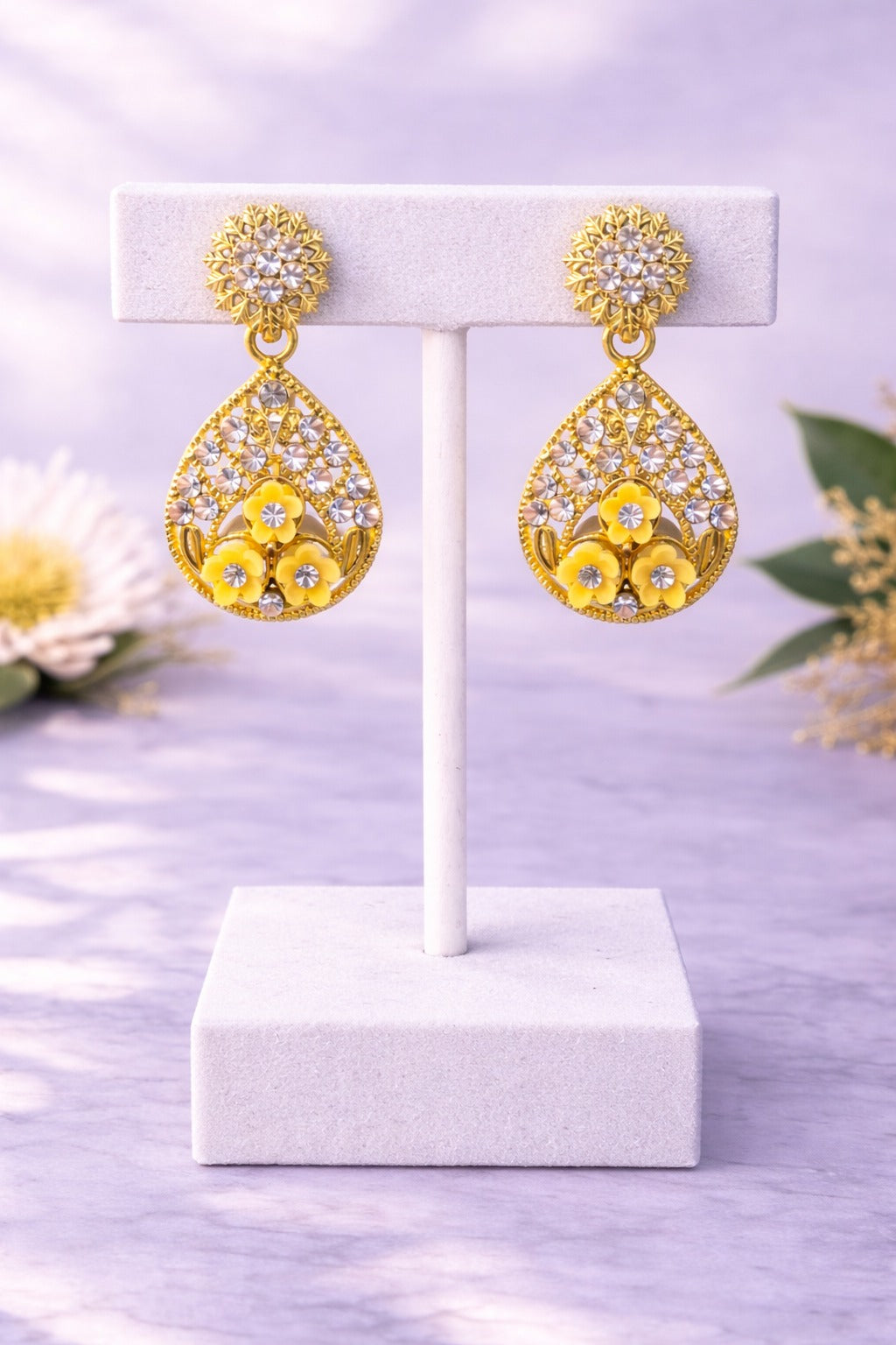 Golden Sunshine Floral Teardrop Crystal Earrings
