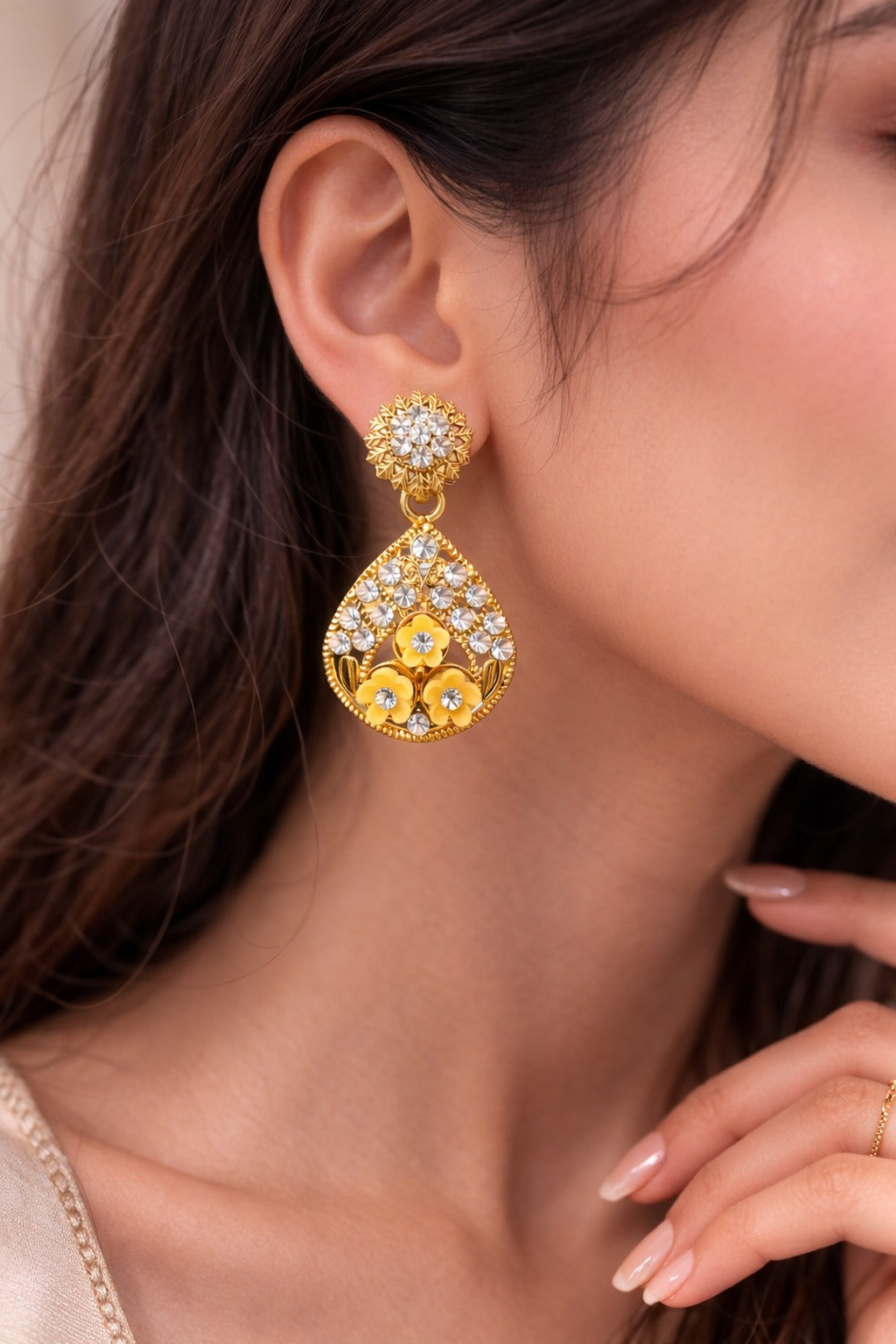 Golden Sunshine Floral Teardrop Crystal Earrings