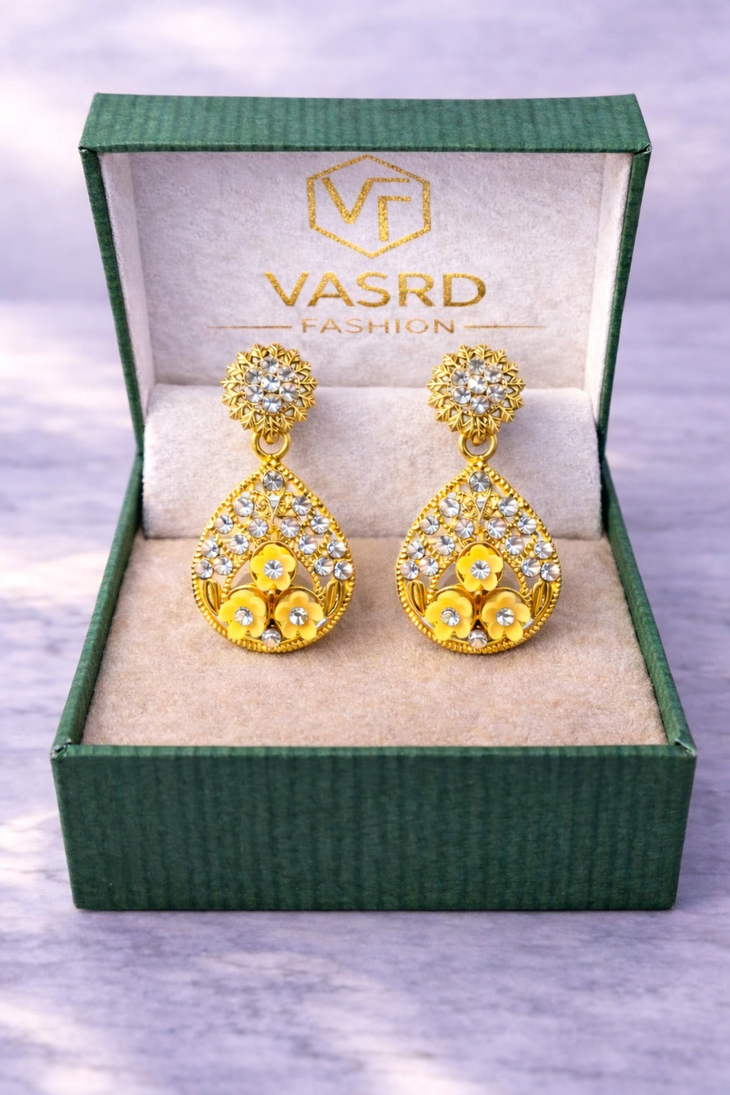 Golden Sunshine Floral Teardrop Crystal Earrings