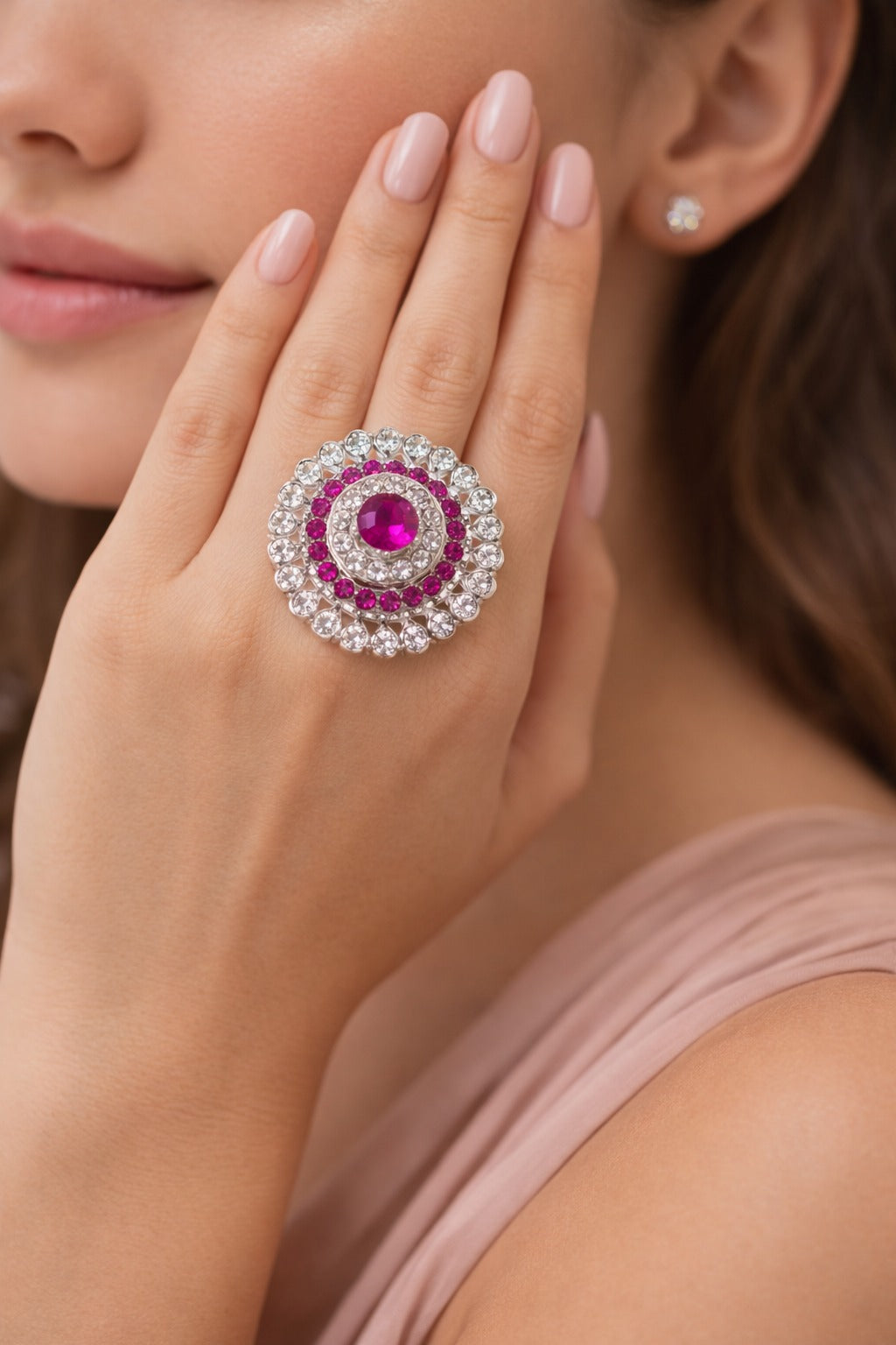 Silver-Tone Pink Crystal Floral Statement Ring with Halo Rhinestone Design