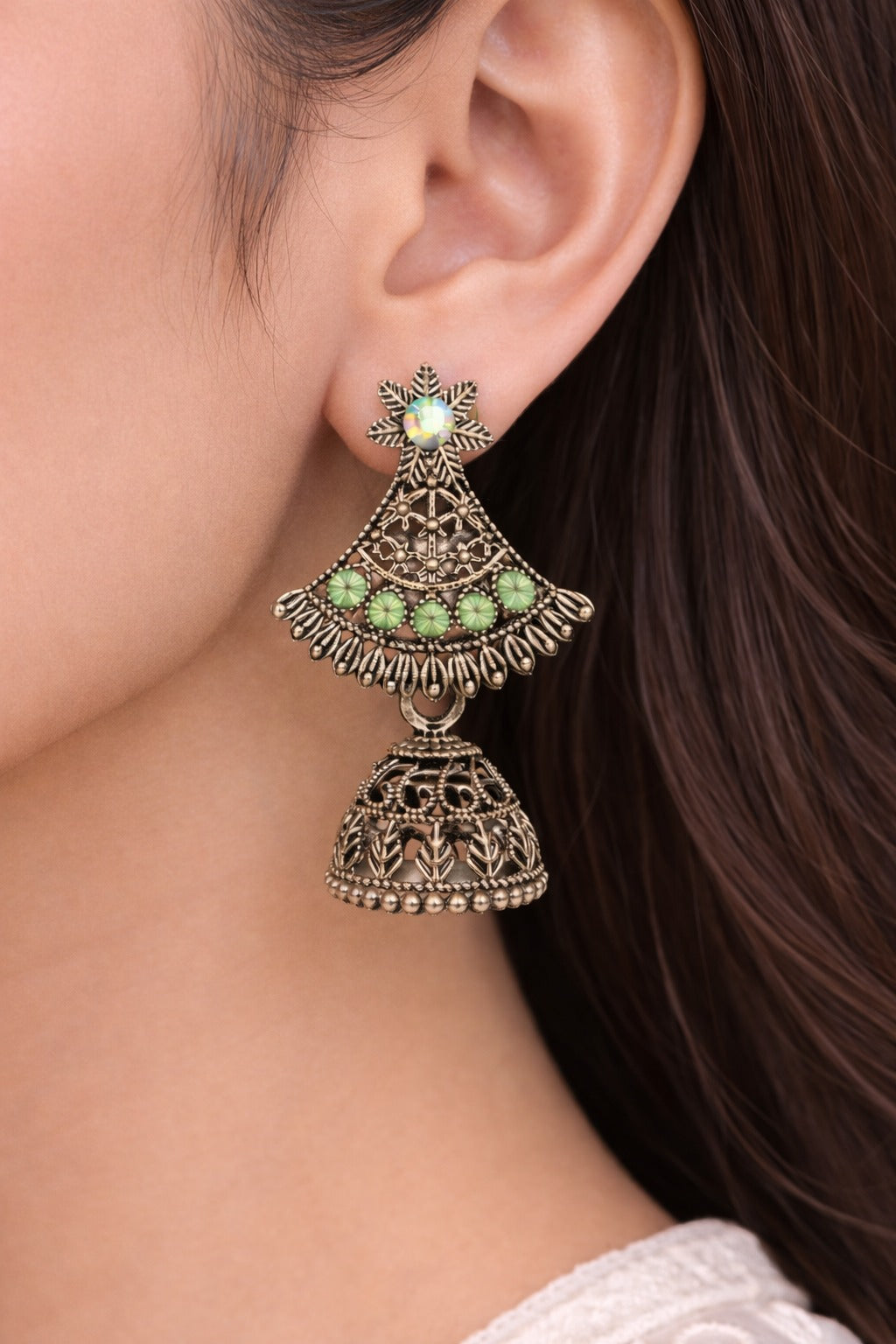 Traditional Oxidized Silver Green Stone Jhumka Earrings