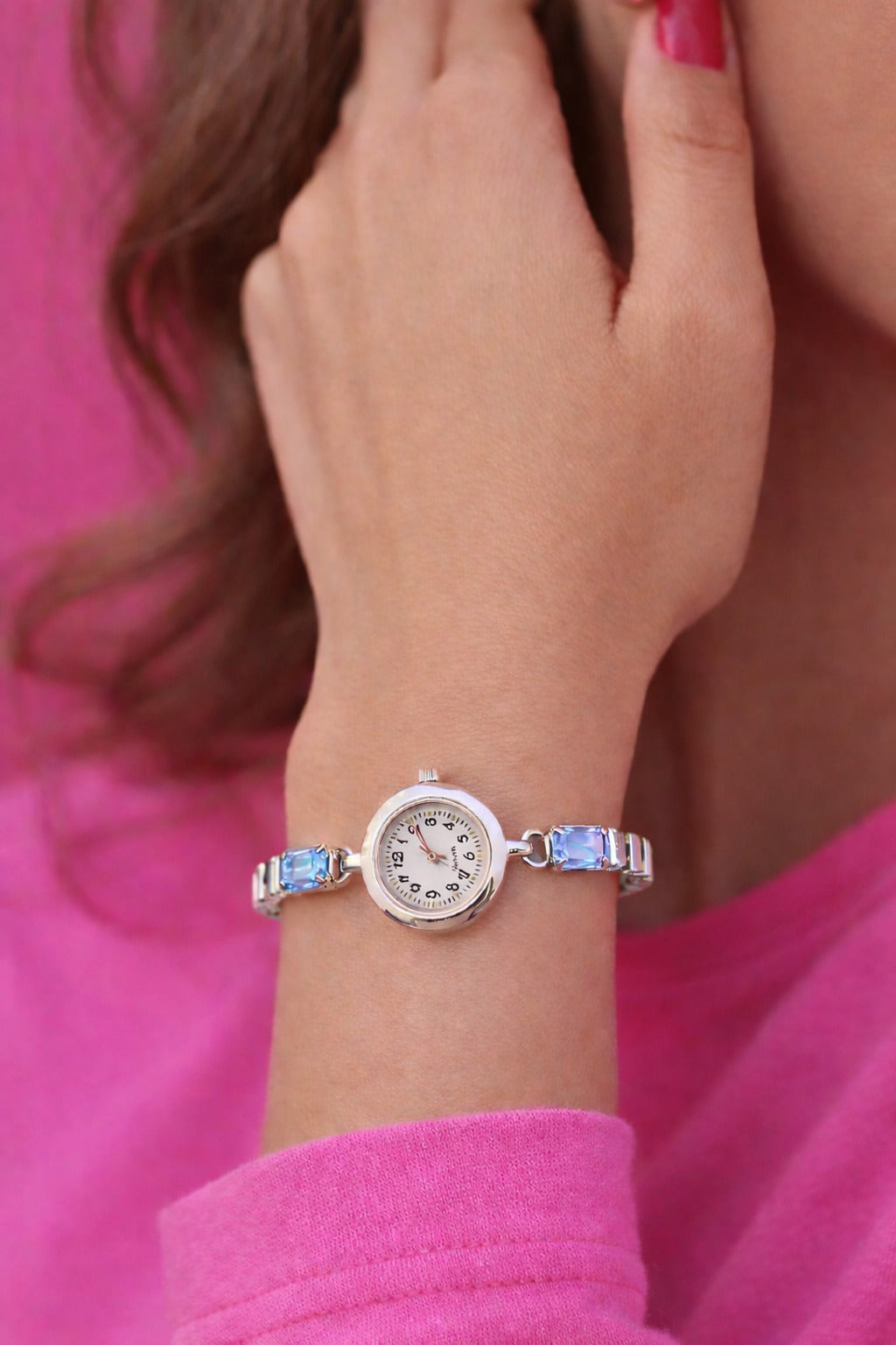 Elegant Silver Women’s Bracelet Watch with Sky Blue Crystal Accents