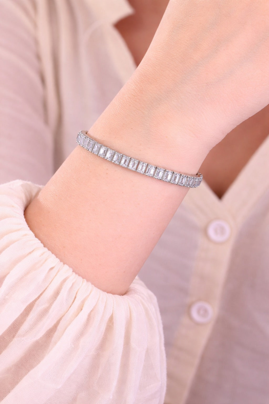 Elegant Rectangular Crystal Silver Chain Bracelet