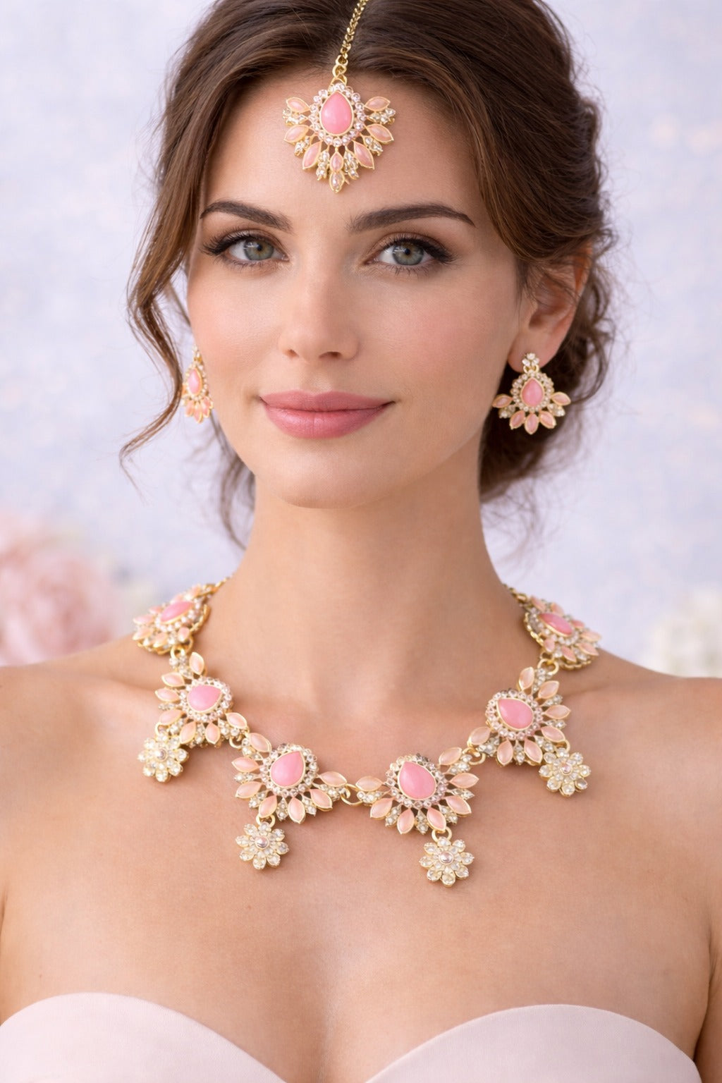 Blush Royale Floral Kundan Necklace Set with Maang Tikka & Earrings