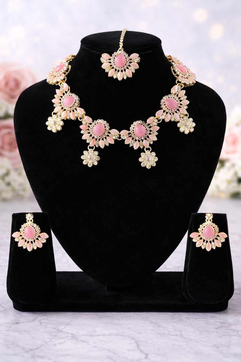 Blush Royale Floral Kundan Necklace Set with Maang Tikka & Earrings