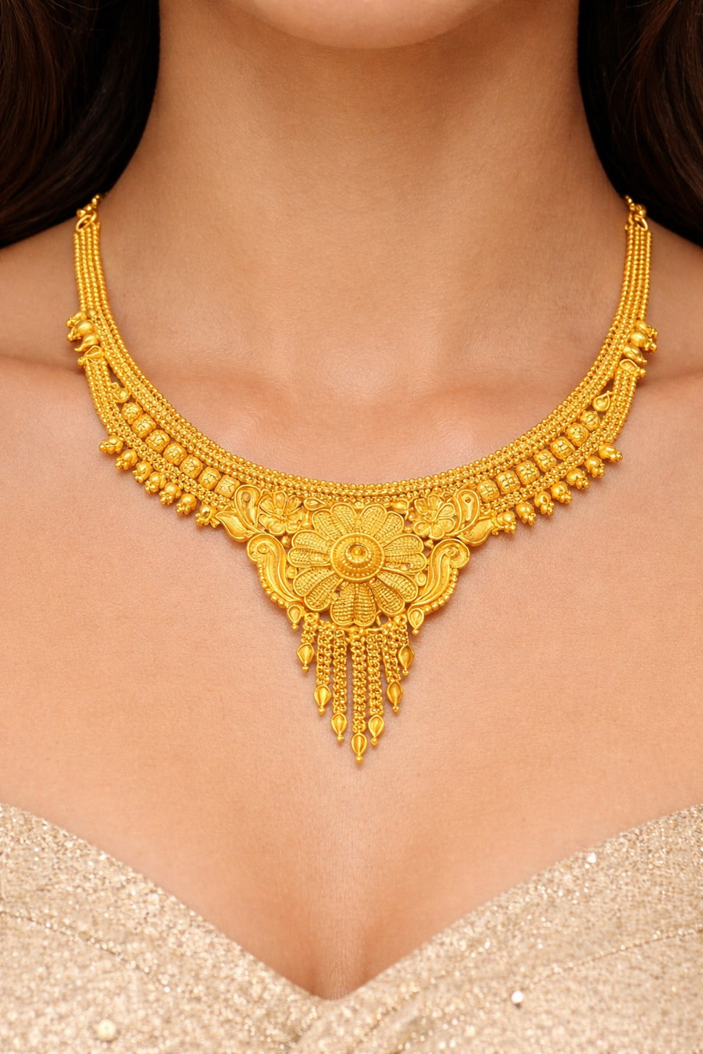 Royal Floral Heritage Gold Necklace Set with Matching Statement Earrings