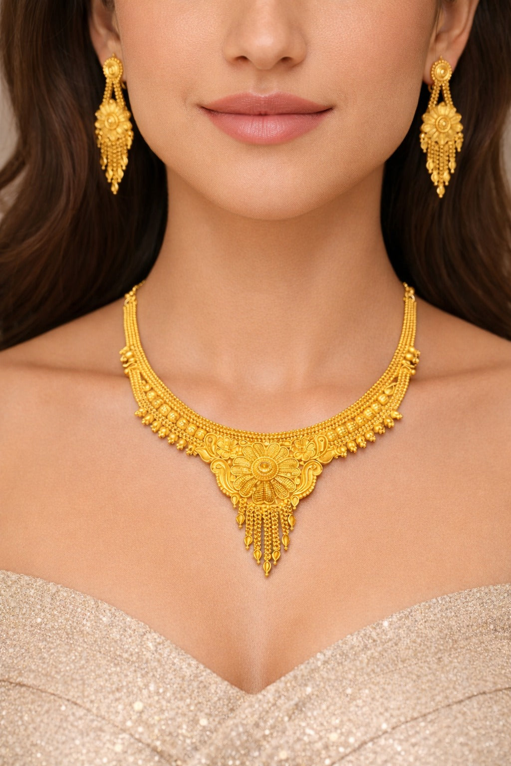 Royal Floral Heritage Gold Necklace Set with Matching Statement Earrings