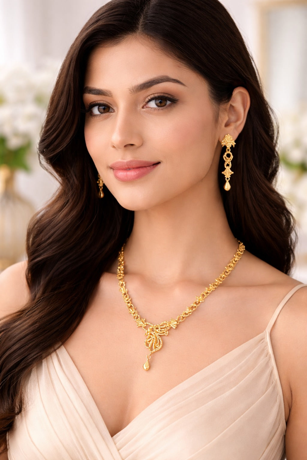 Celestial Bloom Gold Necklace Set with Elegant Drop Pendant & Matching Earrings
