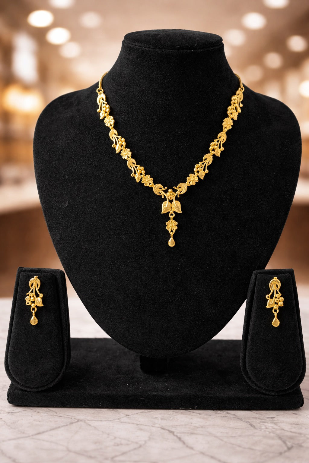 Royal Floral Leaf Gold Necklace Set with Matching Earrings