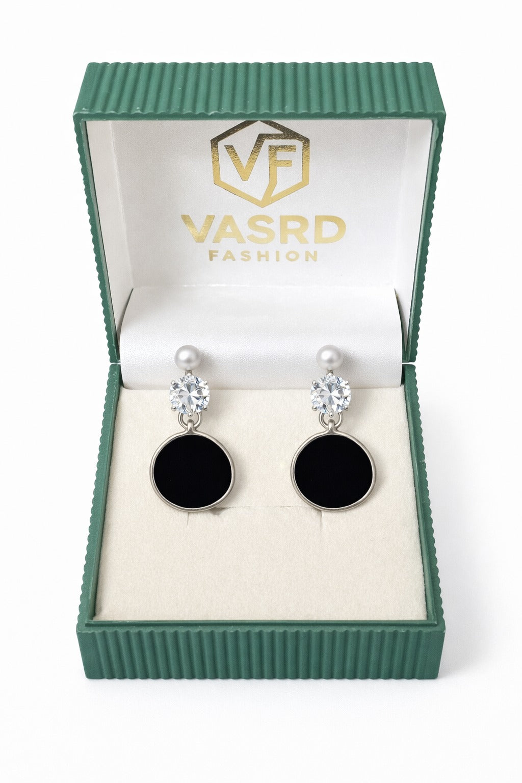 Modern Pearl and Black Round Charm Drop Earrings